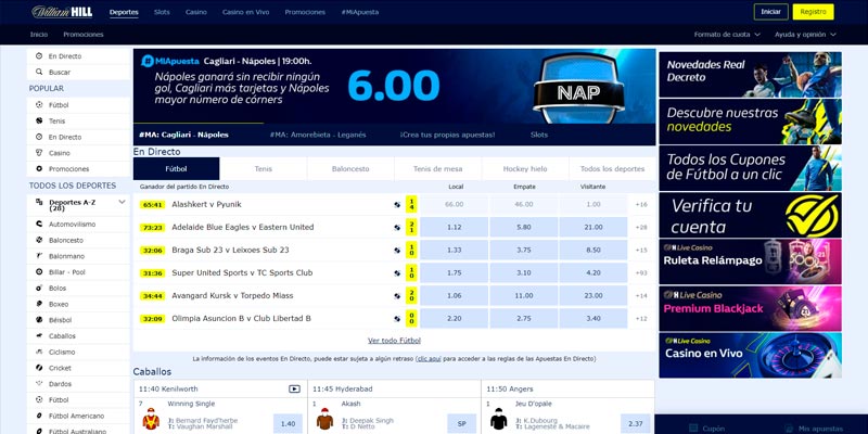 Captura de pantalla del sitio de apuestas deportivas William Hill