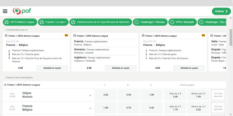 Captura de pantalla del sitio de apuestas deportivas paf.es