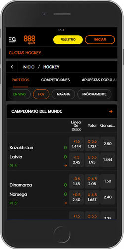 Captura de pantalla móvil de la página de deportes de 888Sport