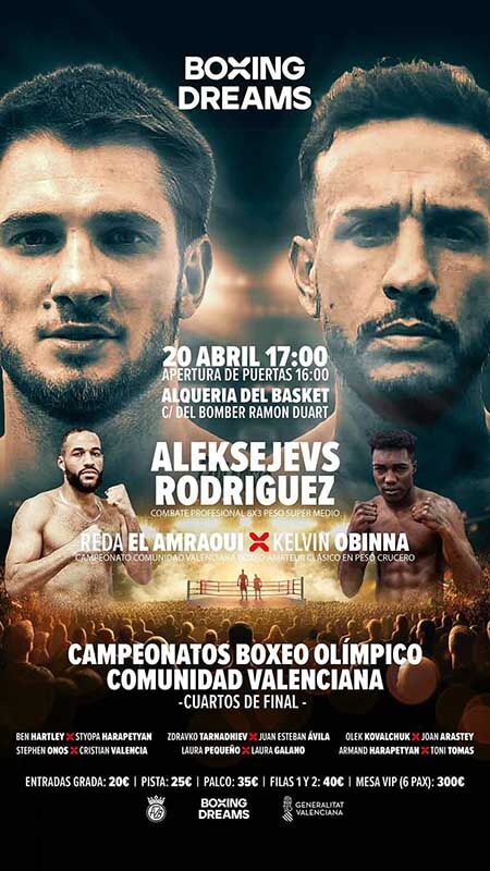 Un cartel con una pelea Aleksejevs vs Rodriguez