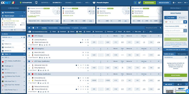 Captura de pantalla de la página de apuestas de tenis de 1xbet
