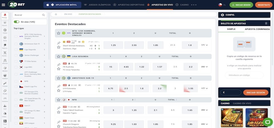 Captura de pantalla de la página de apuestas en directo de 20bet