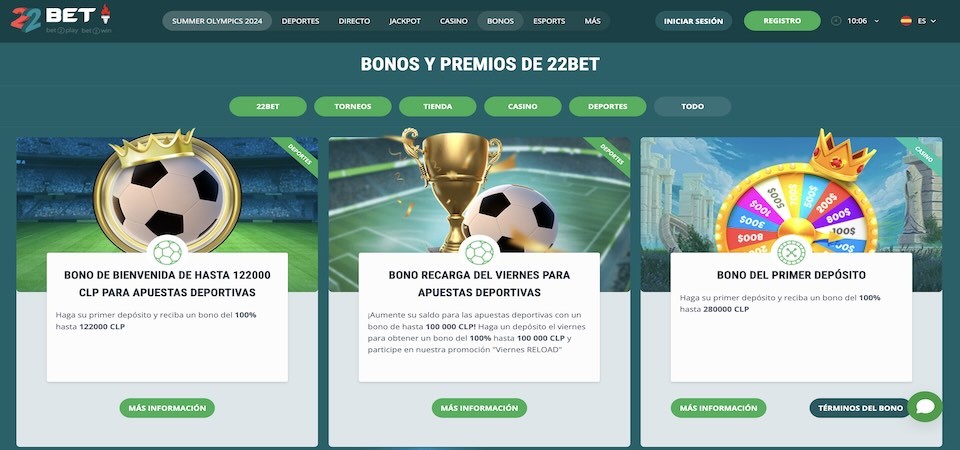 Captura de pantalla de la página de bonos de 22bet