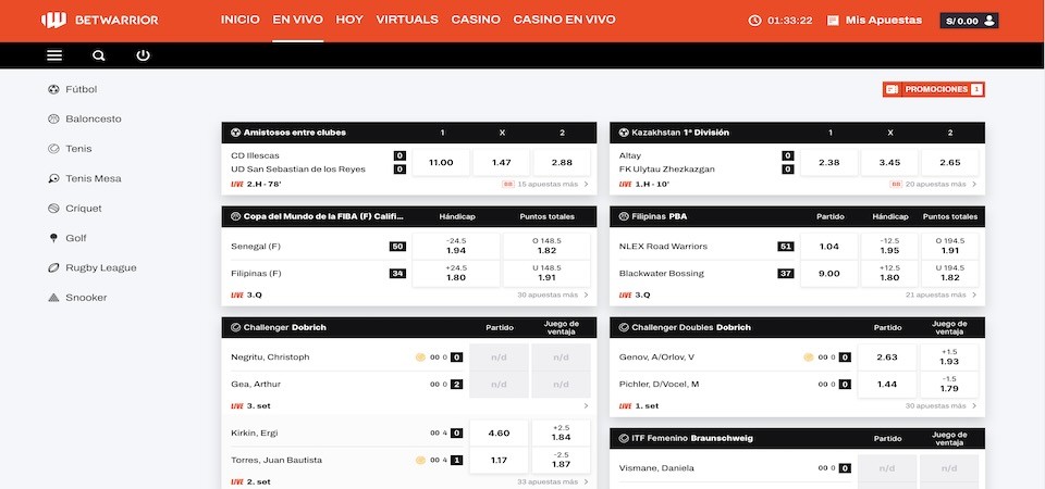 Captura de pantalla de la página de apuestas en directo de betwarrior