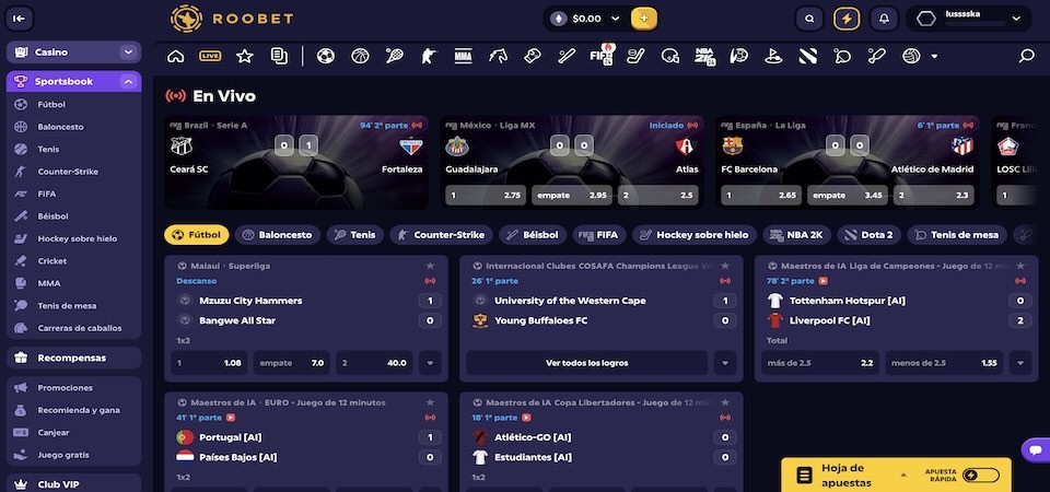 captura de pantalla de la página de apuestas en directo de roobet